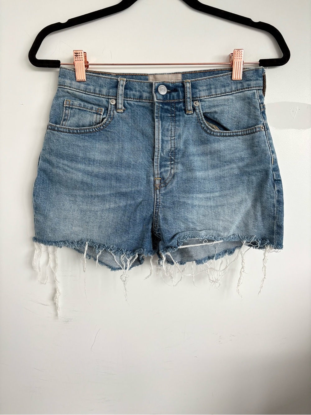 Everlane High-Waist Distressed Denim “Cheeky Shorts” - Light Blue